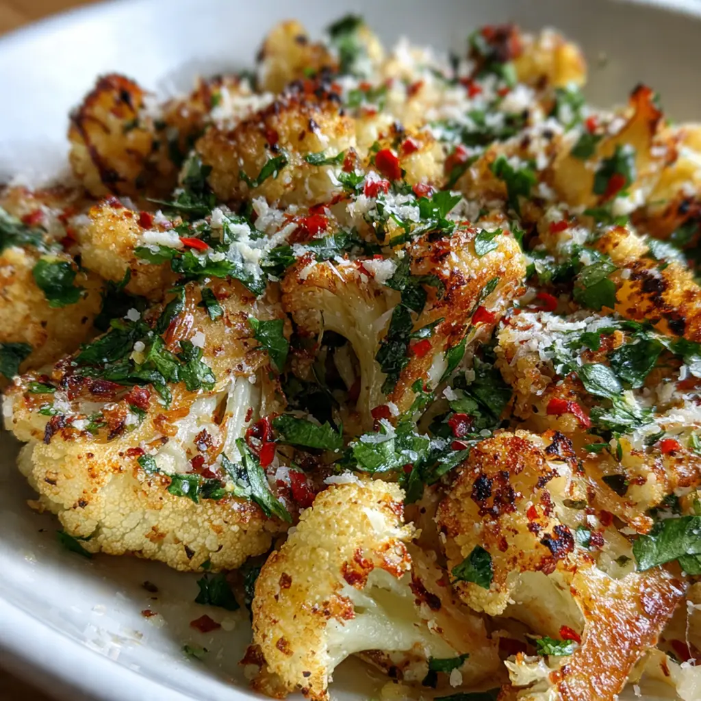 Overhead view of crispy roasted cauliflower garnished with fresh parsley and lemon wedges