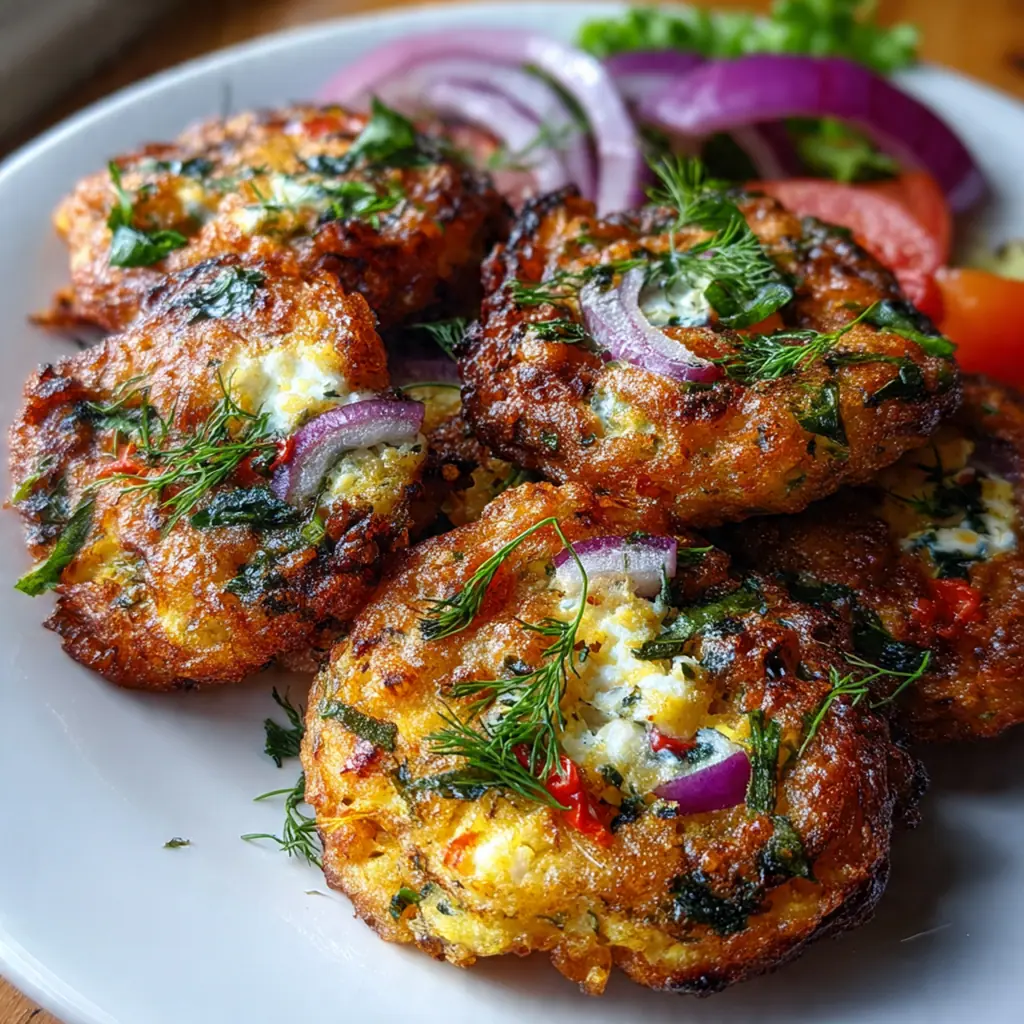 Close-up of a crispy tomato fritter broken open to show the tender interior with flecks of mint