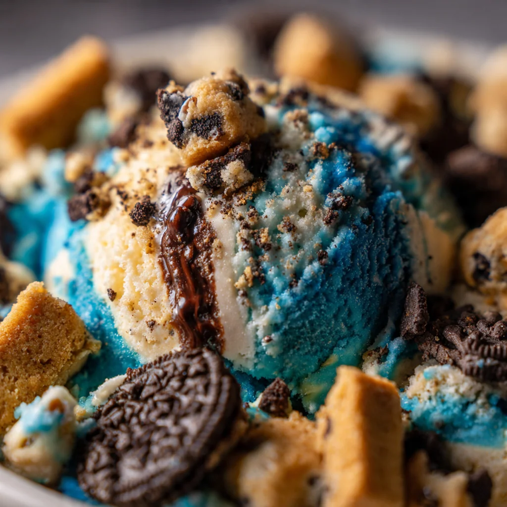 A playful ice cream sundae with Cookie Monster ice cream, whipped cream, and a whole cookie garnish
