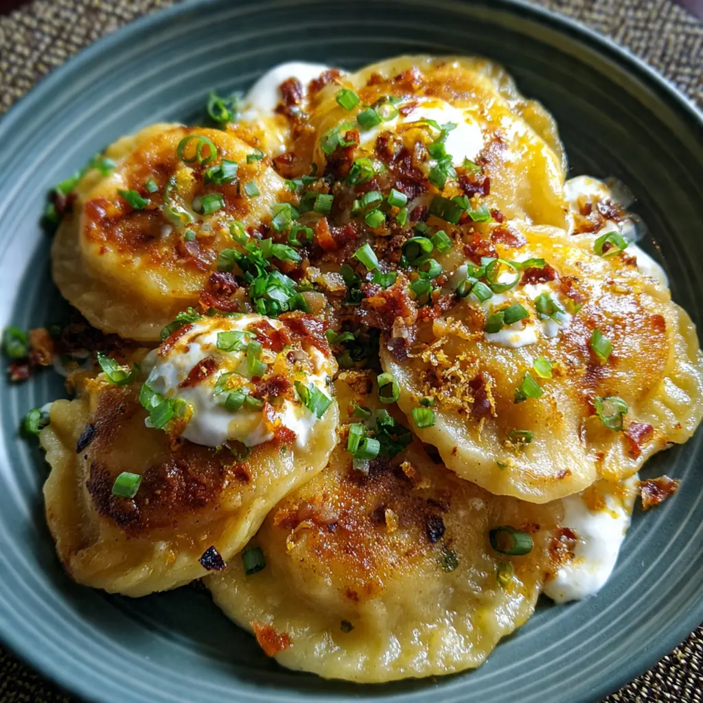 A skillet sizzling with crispy perogies, fresh chives, and a dollop of sour cream ready for serving