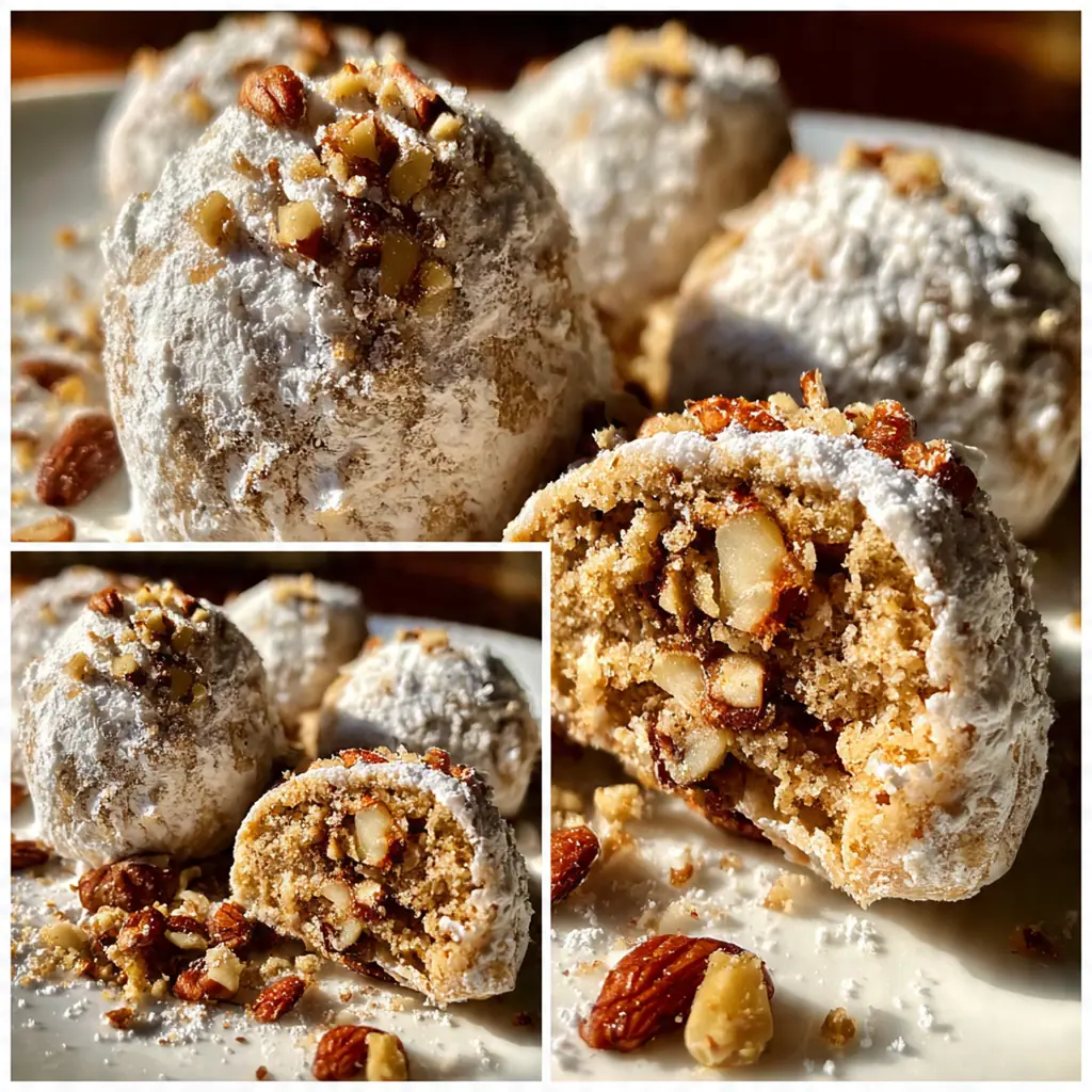 Close-up of a powdered sugar-coated cookie with visible specks of toasted pecans inside
