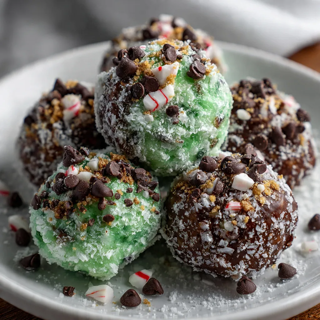 Close-up of a mint chocolate snowball cookie broken in half showing the dark chocolate dough and melty chips
