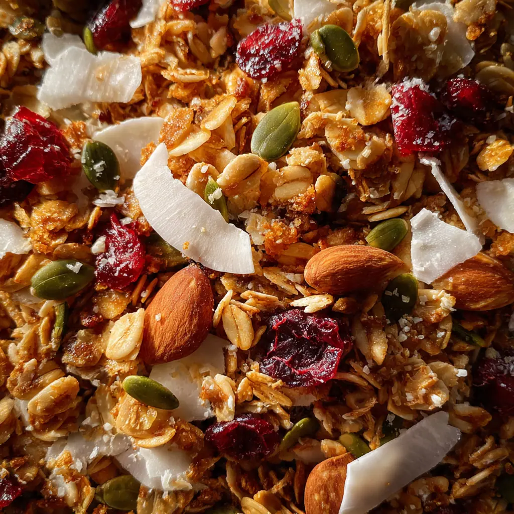 Granola served in a white bowl with yogurt, fresh berries, and a drizzle of honey