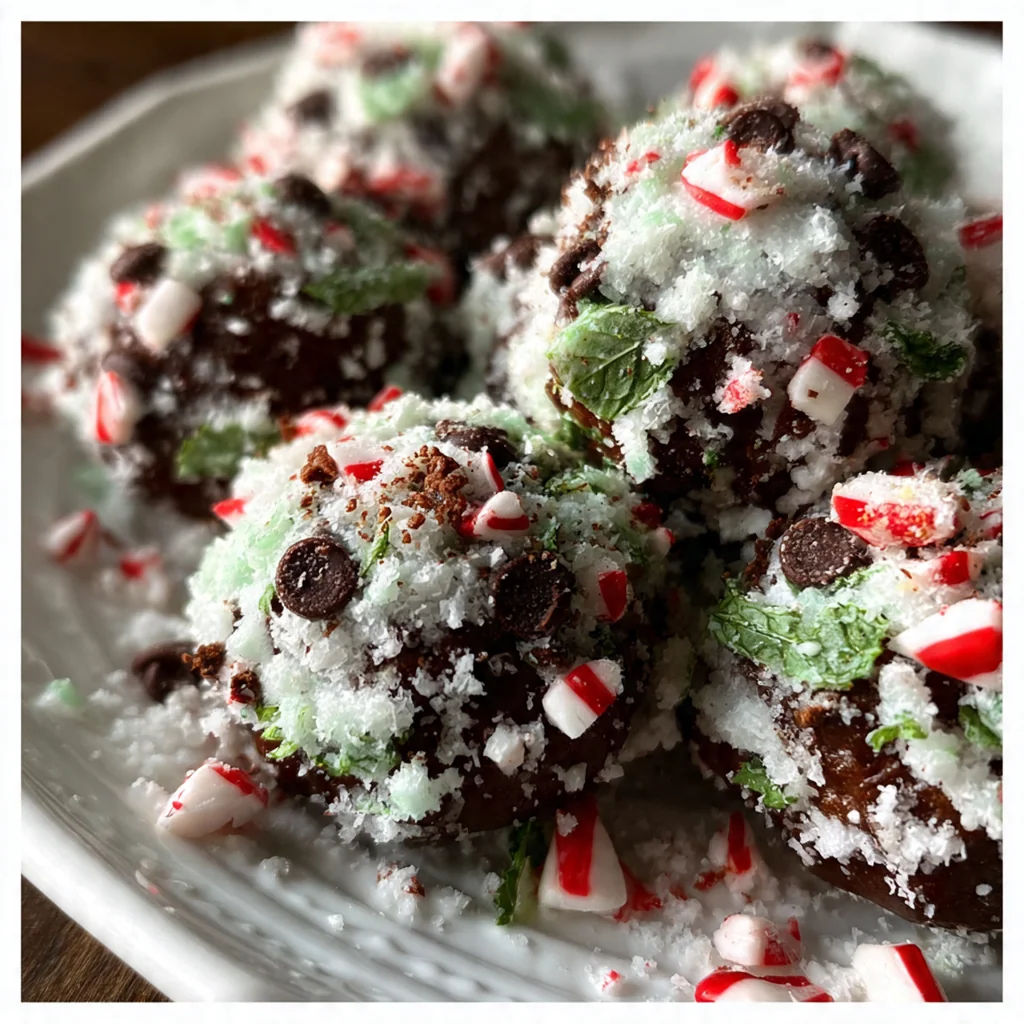 Holiday cookie tray featuring mint chocolate snowballs alongside gingerbread and shortbread cookies