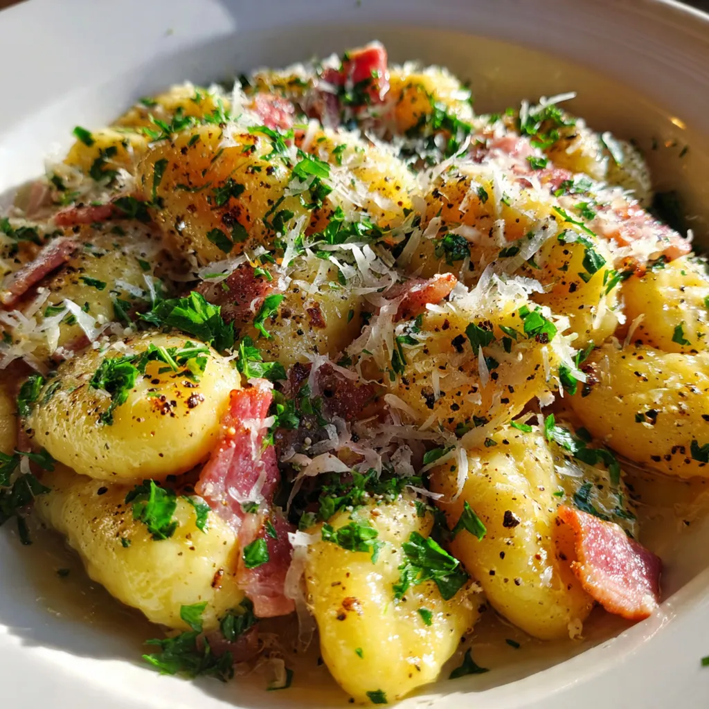 Close-up of a fork twisting through pillowy gnocchi coated in rich cheese sauce