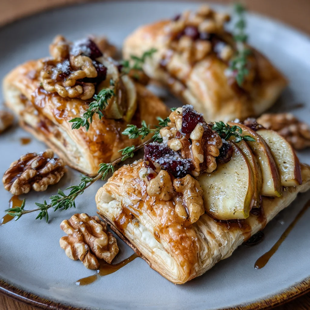 A hand drizzling honey over a warm pastry garnished with fresh thyme leaves