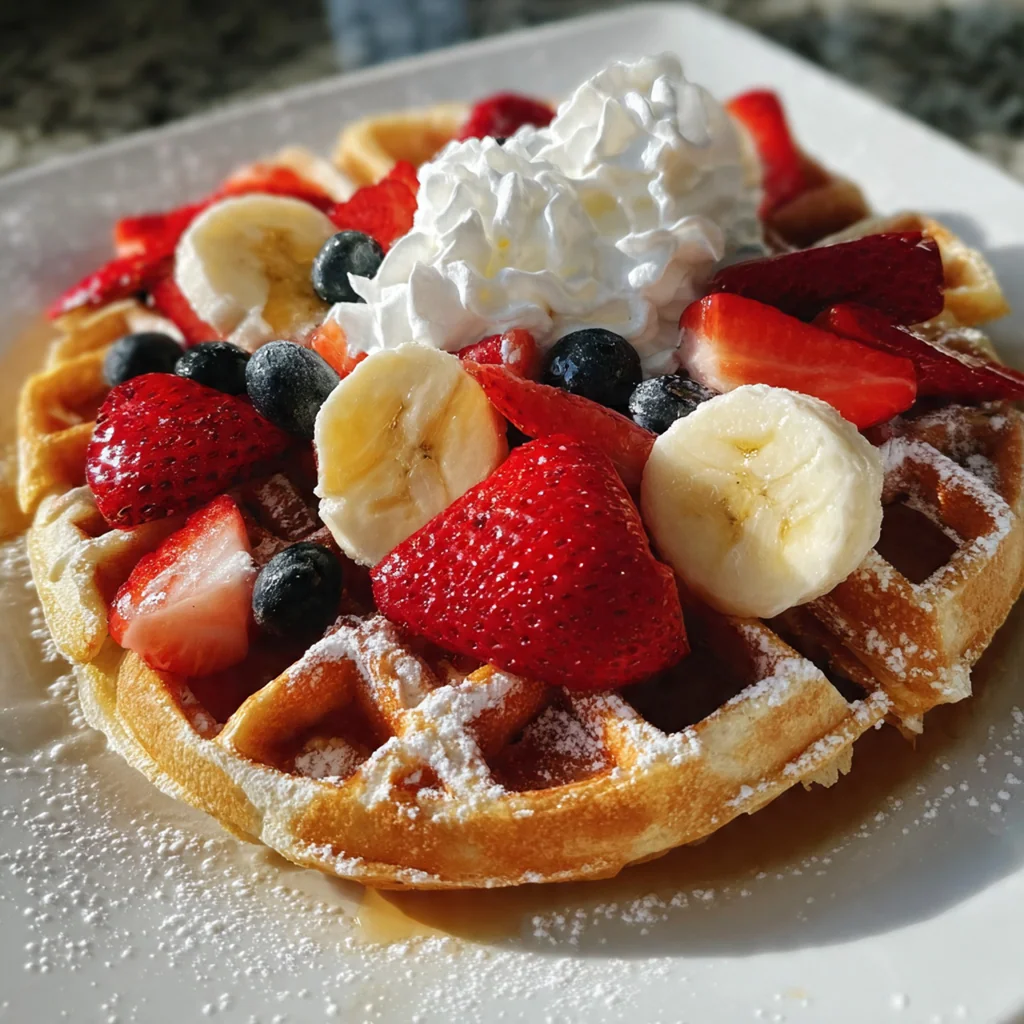 A complete breakfast plate with homemade waffles, crispy bacon, and a small pitcher of syrup ready for pouring