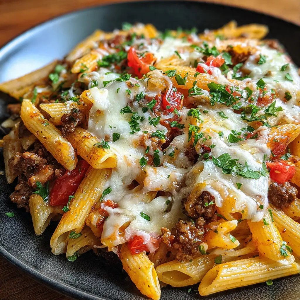 Close-up of a fork twisting through tender penne pasta coated in rich beef sauce and melted cheese