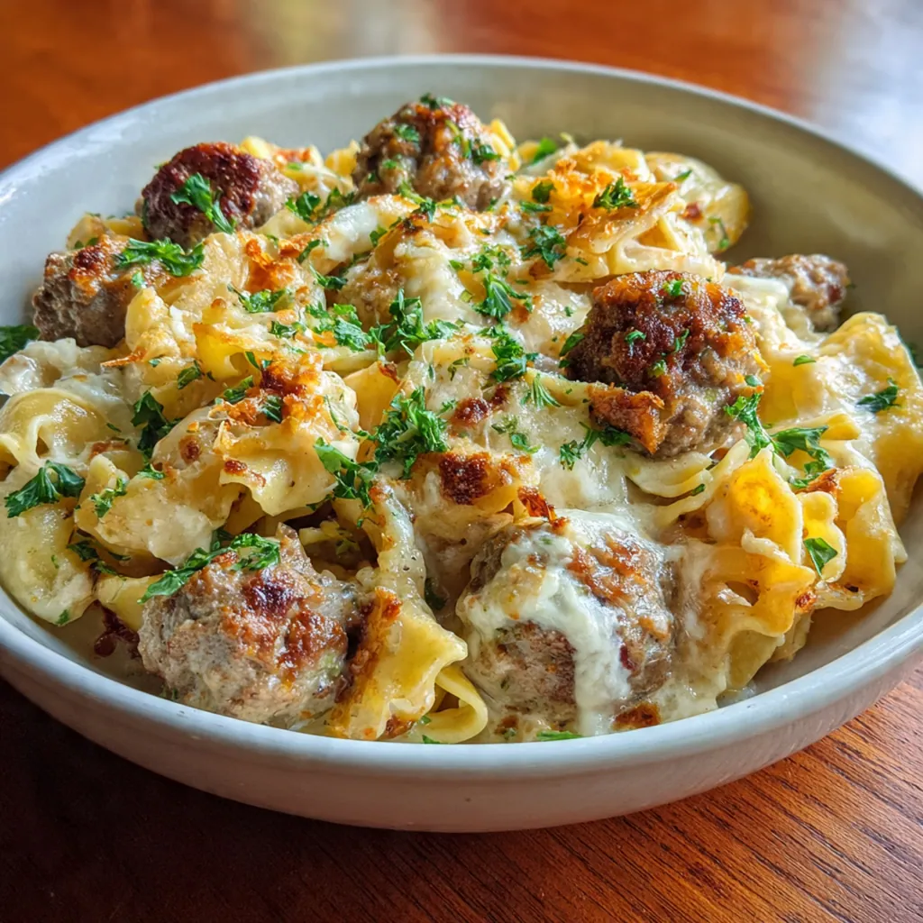 Close-up of a fork twirling creamy pasta and a tender homemade meatball coated in rich gravy