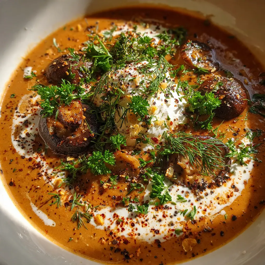 Close-up of sliced cremini mushrooms and onions sautéing in golden butter with Hungarian paprika