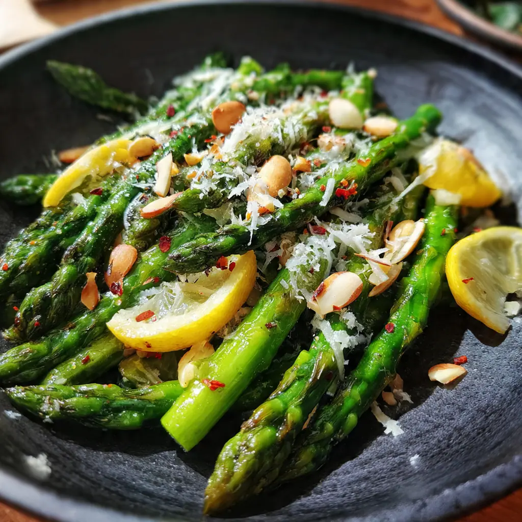 Overhead view of a Dutch oven filled with bright green asparagus and lemon risotto, ready to serve