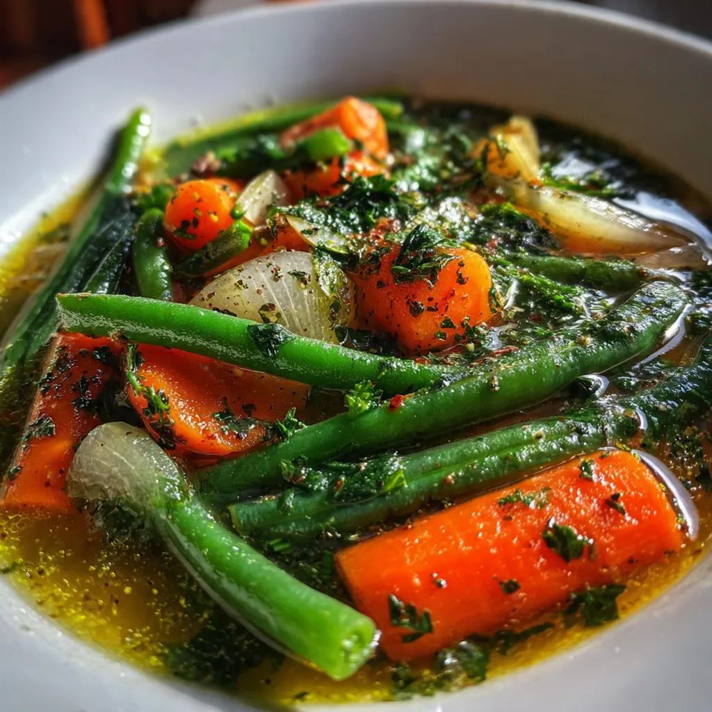 Close-up of a spoon dipping into a hearty soup bowl showing beans, carrots, and dark leafy greens in a savory broth
