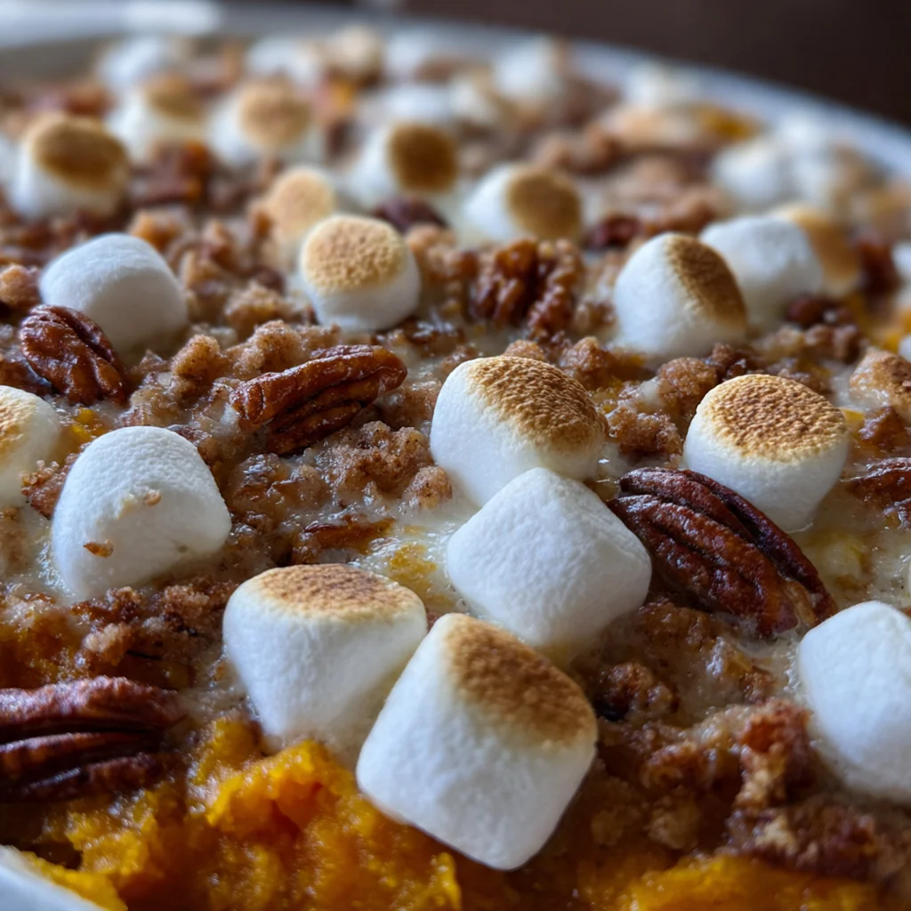 A festive holiday table setting with the sweet potato casserole placed next to a roast turkey