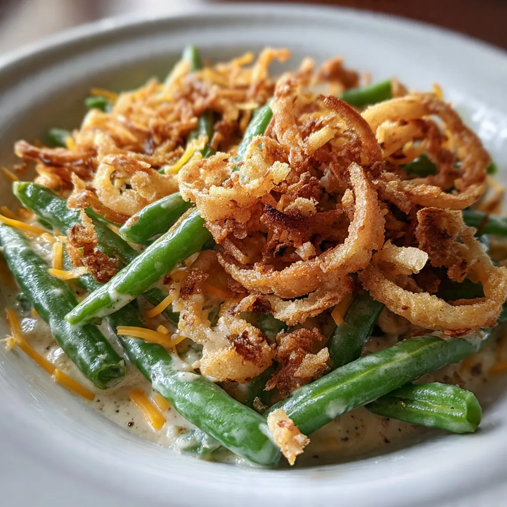 Close-up of a serving spoon lifting creamy green beans and mushrooms from the baking dish