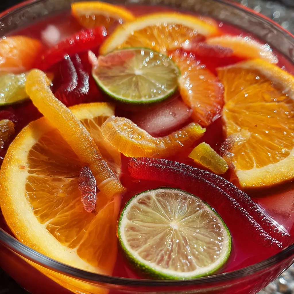 Close-up of a lychee eyeball with a blueberry pupil floating in the spooky witches' brew punch.