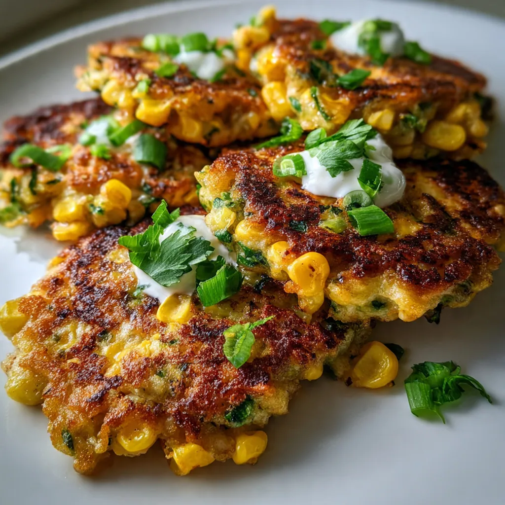 Close-up of a fritter broken open to show the tender interior packed with corn and herbs