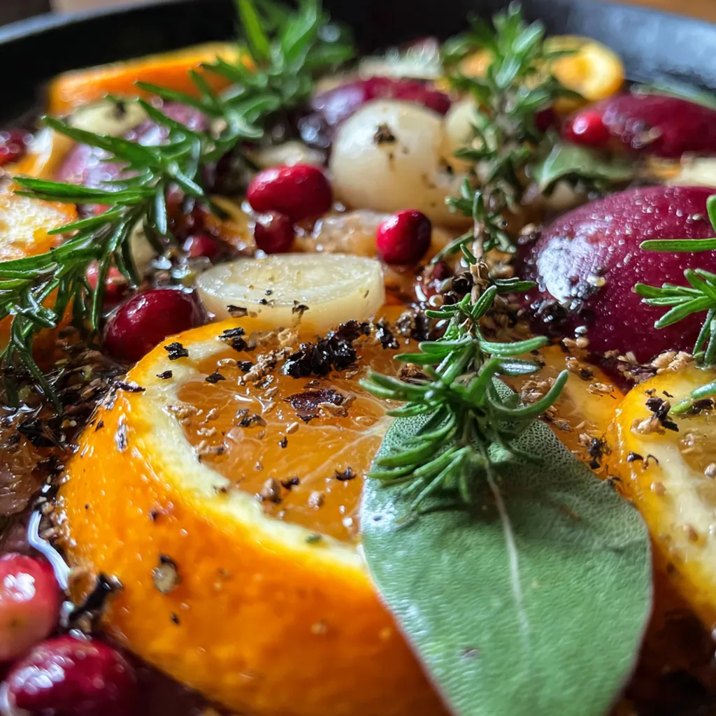 All the fresh ingredients for a turkey brine laid out on a wooden table including citrus, herbs, and spices