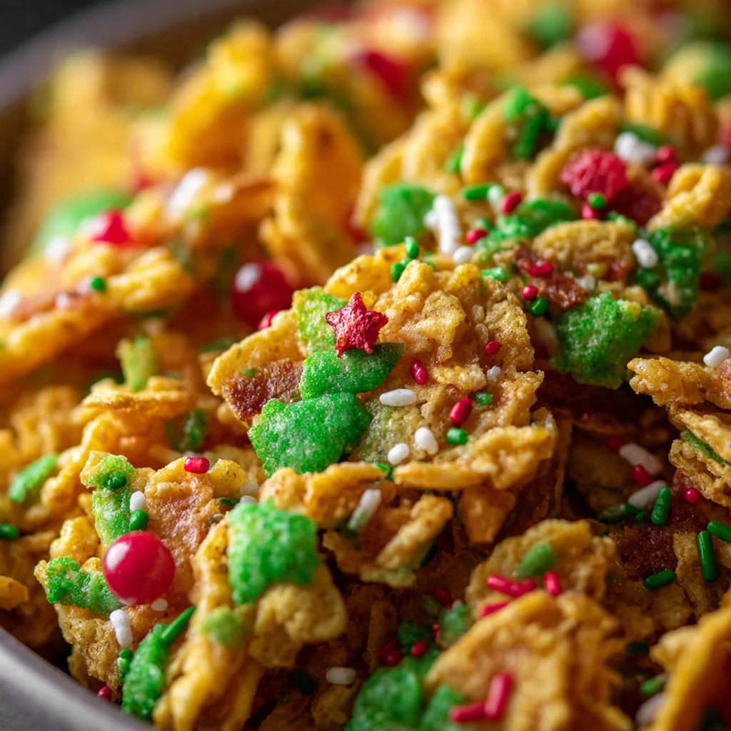 Close-up of a single Christmas cornflake wreath cookie with a dusting of snowy powdered sugar