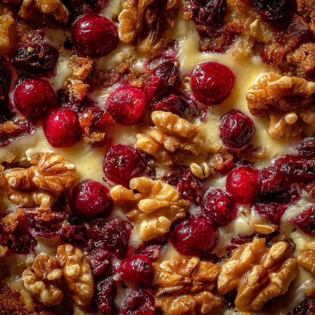 Close-up of a slice showing tart cranberries and crunchy walnuts in a flaky crust