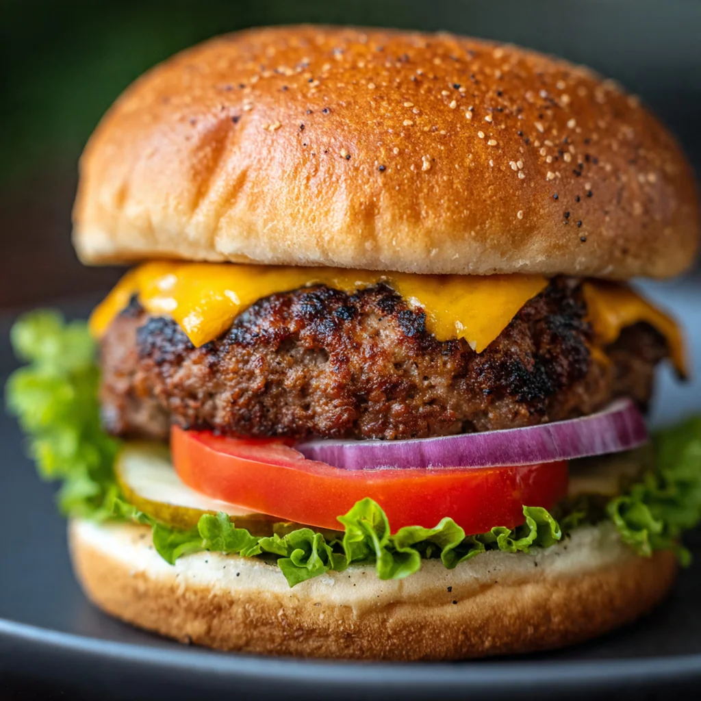 Close-up of a seasoned raw patty with a thumbprint indentation ready for cooking