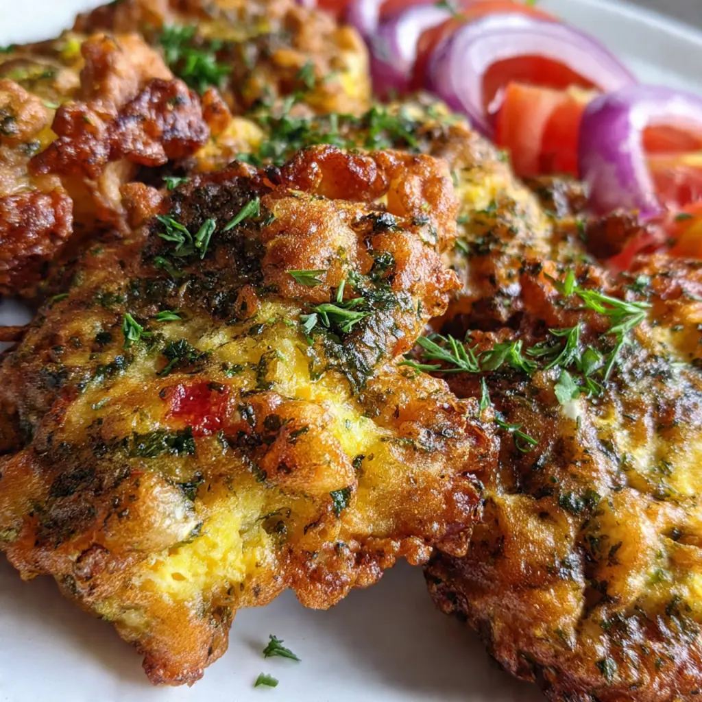 Overhead shot of ingredients for Greek fritters: ripe tomatoes, fresh herbs, onion, and flour on a wooden table