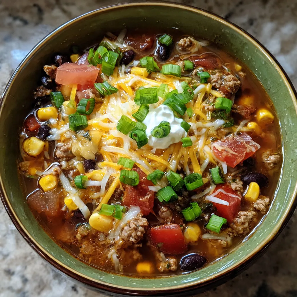 Close-up of a spoon dipping into a chunky bowl of cowboy soup, showing all the beans, beef, and vegetables.