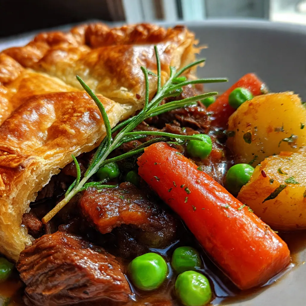 A hearty slice of deer beer pot pie served on a plate with a simple green salad on the side
