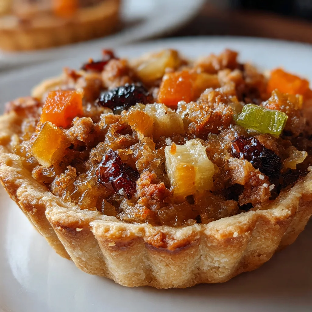Close-up of a single mince pie cut in half, showing the rich, dark fruit filling and flaky pastry layers
