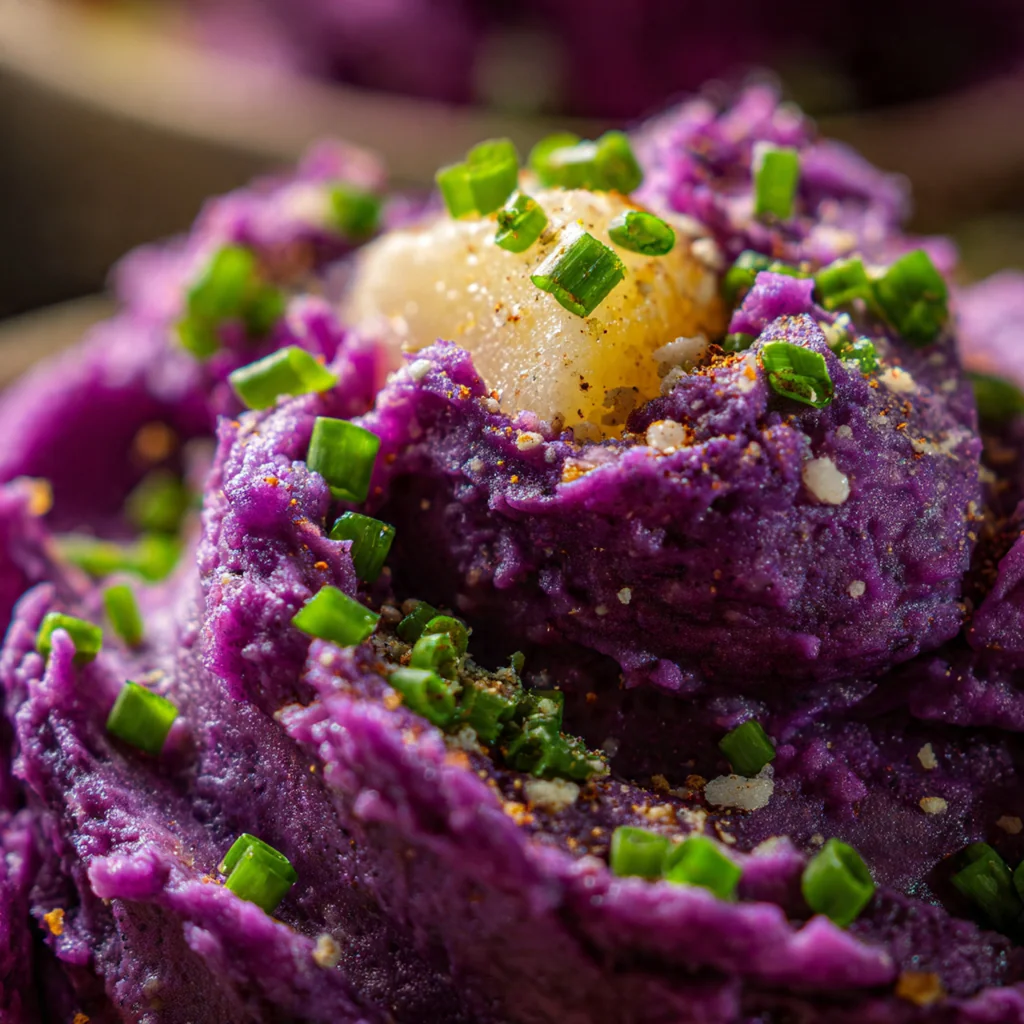A beautiful dinner plate featuring purple mashed potatoes next to roasted chicken and green beans