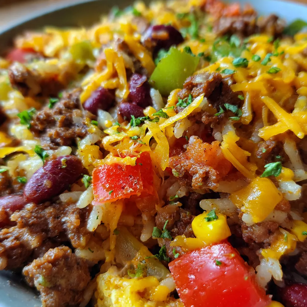 Close-up of a serving spoon scooping into the casserole revealing layers of beef, potatoes, carrots, and creamy sauce