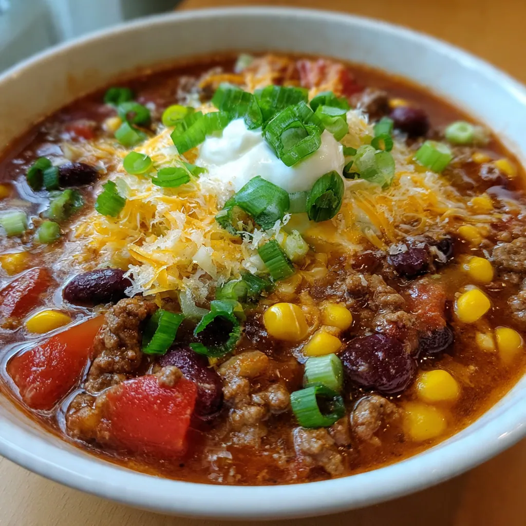 Overhead view of a slow cooker filled with savory cowboy soup, steam rising from the rich, tomato-based broth.