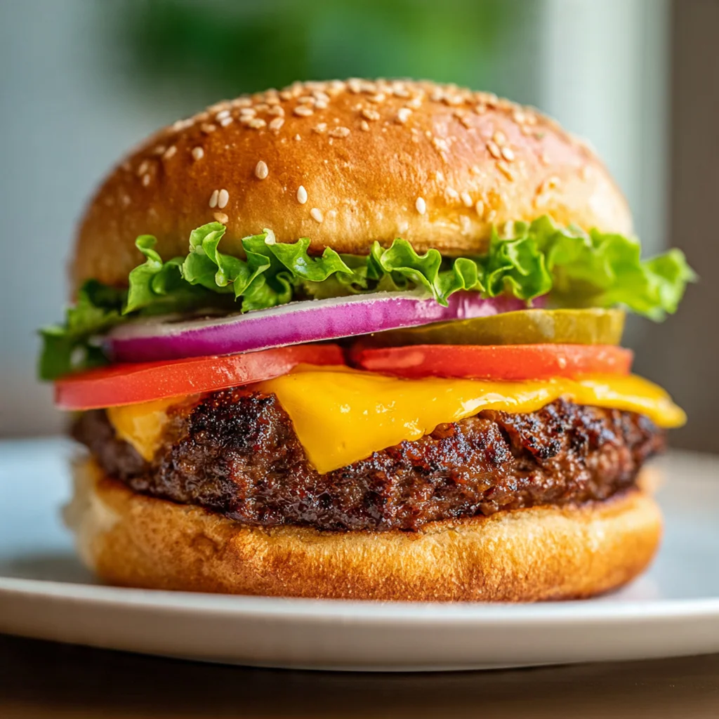 A fully assembled classic cheeseburger with melty cheddar on a toasted bun with lettuce and tomato