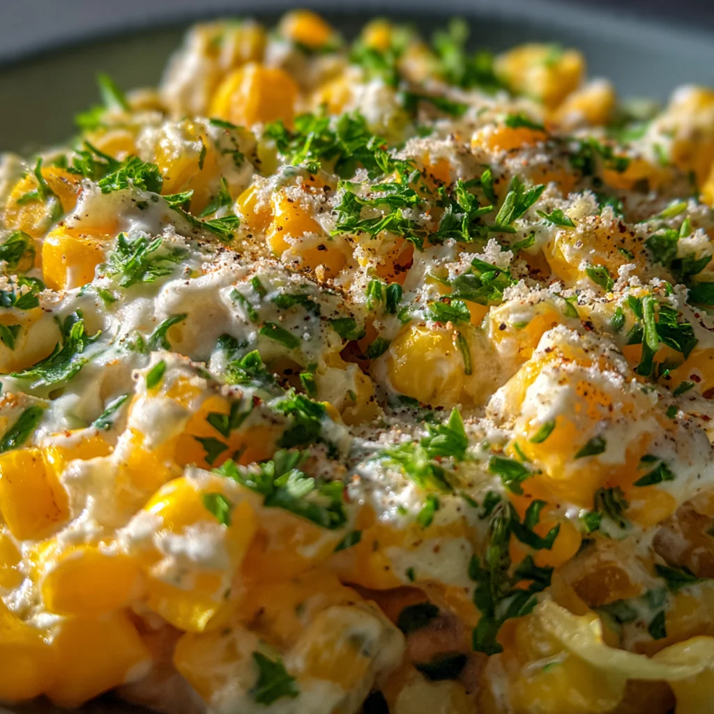 Close-up of a spoon dipping into a crockpot filled with rich, golden creamed corn