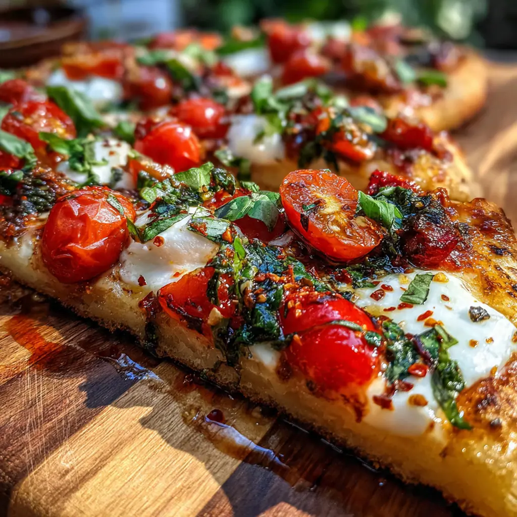 Overhead shot of two oval flatbread pizzas fresh from the oven with vibrant toppings