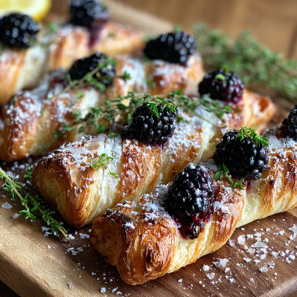 An elegant party platter of goat cheese twists garnished with fresh blackberries and mint leaves