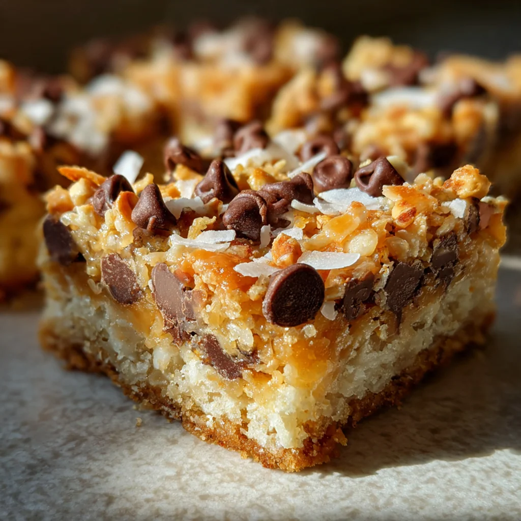 Overhead shot of magic bars in a baking pan with a hand drizzling sweetened condensed milk