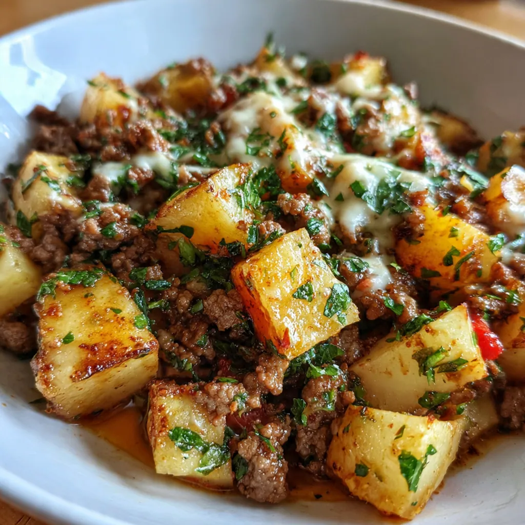 Close-up of a serving spoon cutting into the layered casserole showing tender potatoes and savory beef