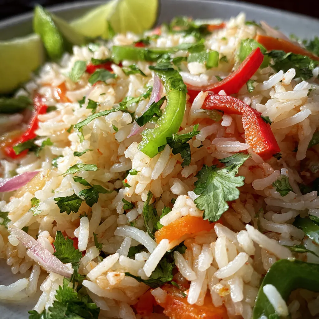 Close-up of toasted rice simmering in a rich tomato and chicken broth in a skillet