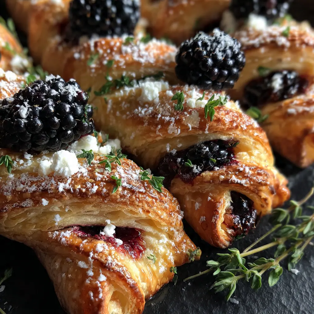 A close-up stack of twisted pastries with visible blackberry filling and a drizzle of honey