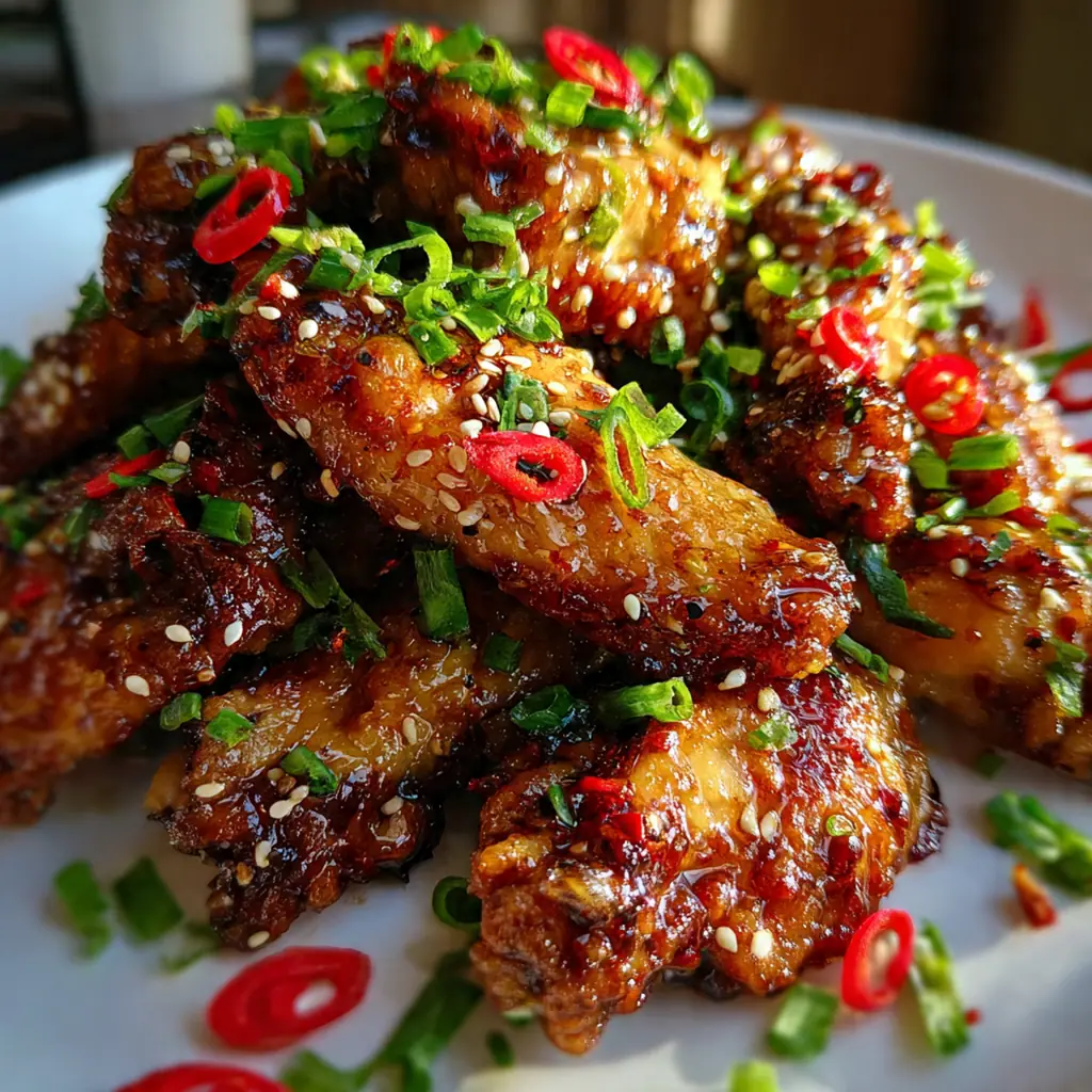 Serving platter of finished wings garnished with green scallions and white sesame seeds