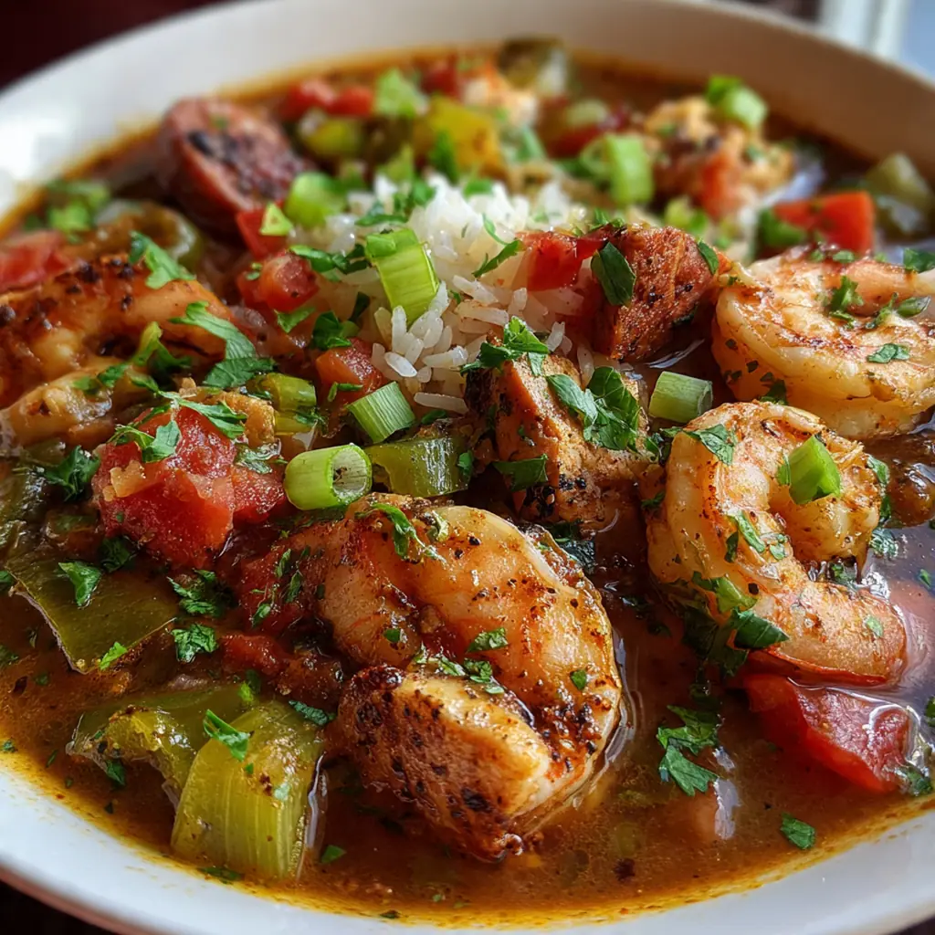 Close-up of a wooden spoon lifting juicy chicken and andouille from a dark, rich roux-based broth