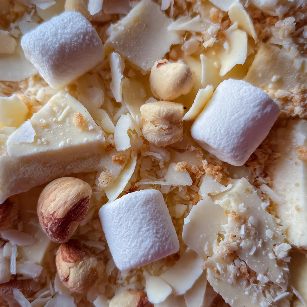 Ingredients for White Christmas slice laid out on a kitchen counter: white chocolate, cereal, coconut, and dried fruits