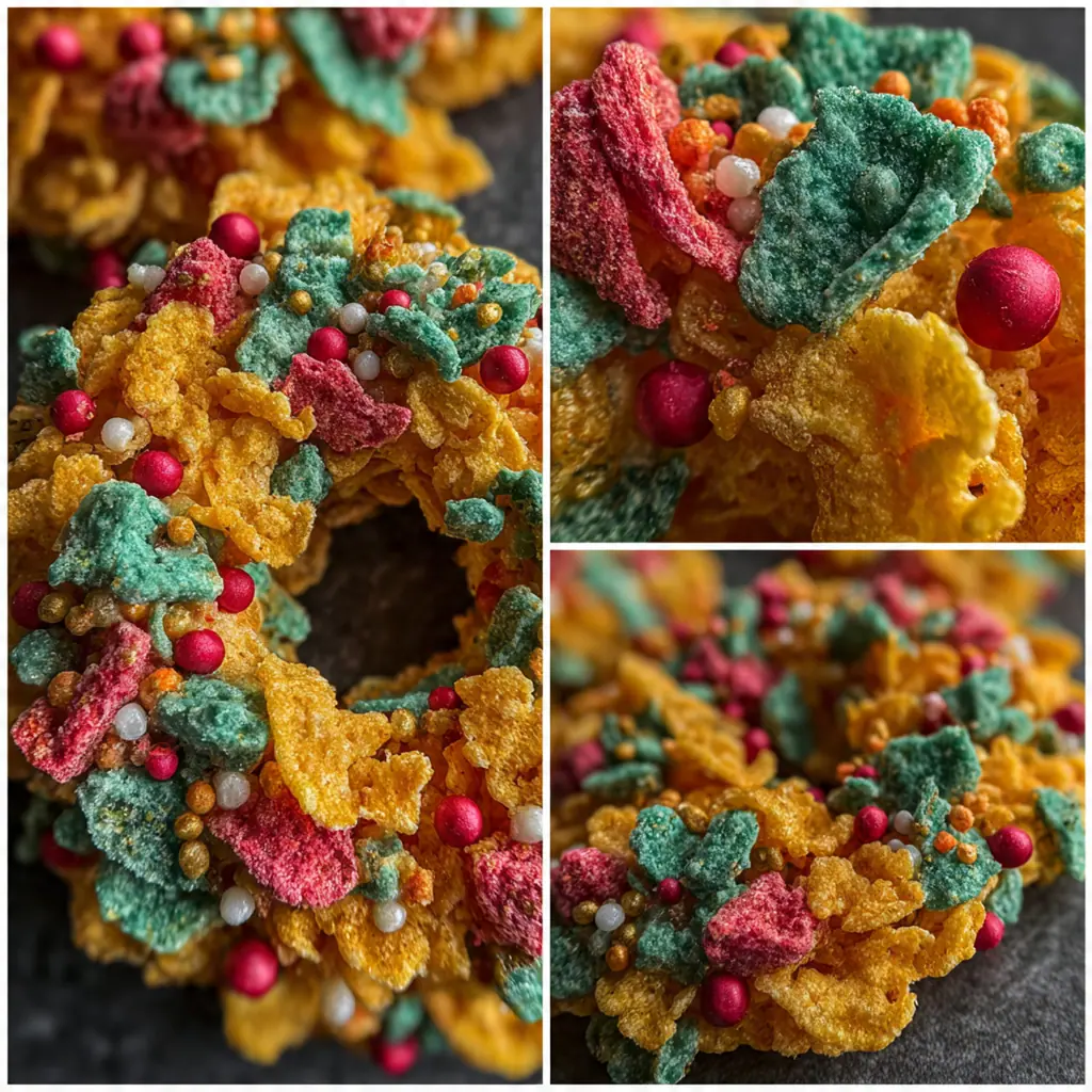 Overhead shot of hands shaping green cornflake mixture into a wreath on a parchment-lined baking sheet