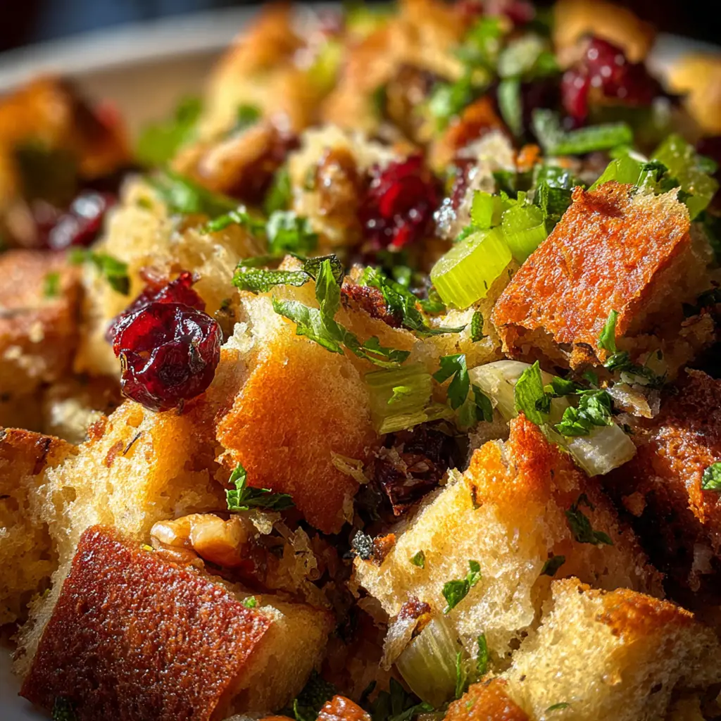 A festive holiday plate with roast turkey, gravy, and a generous scoop of classic sausage and herb stuffing