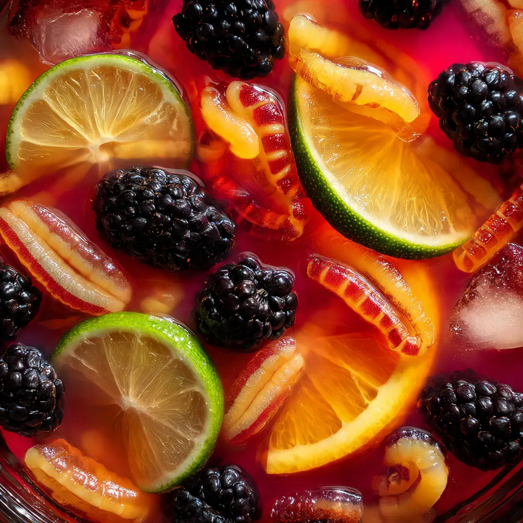 A close-up of a glass of Halloween punch, showcasing a creepy lychee and blueberry 'eyeball' garnish.