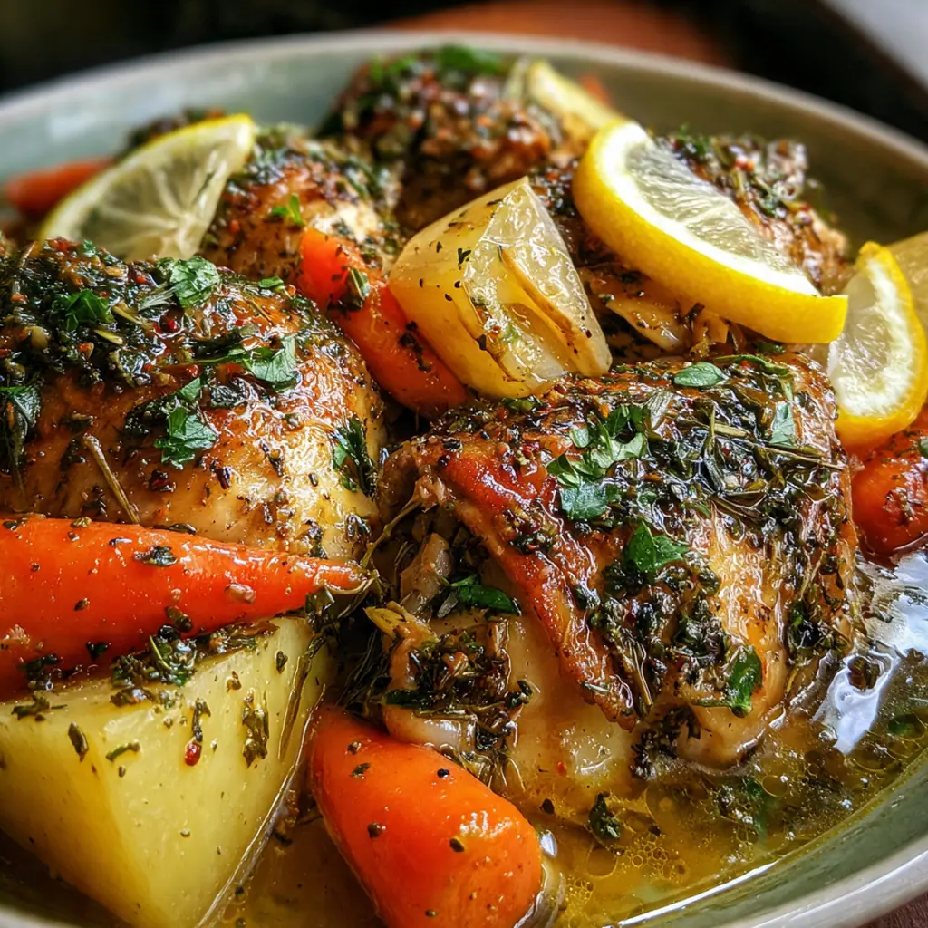 Close-up of a bowl filled with crock pot lemon pepper chicken over a bed of white rice, garnished with lemon slices and parsley
