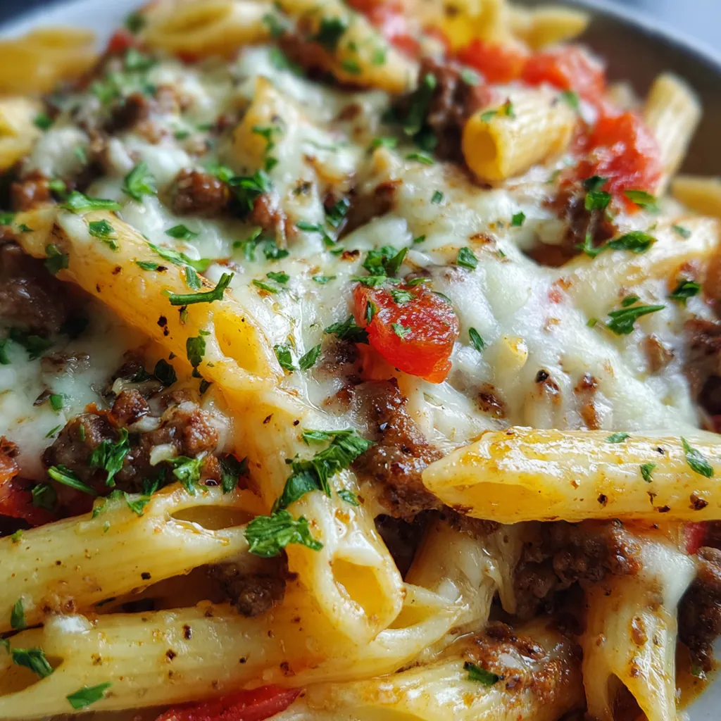 A comforting family-style plate of cheesy baked penne with ground beef served alongside garlic bread and salad