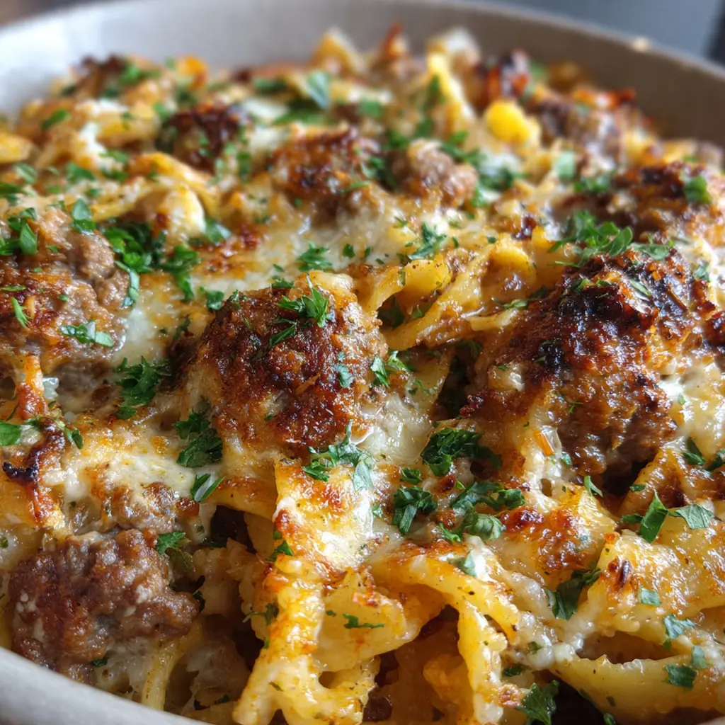 A serving of Swedish meatball pasta bake on a plate with a side of lingonberry jam and fresh parsley