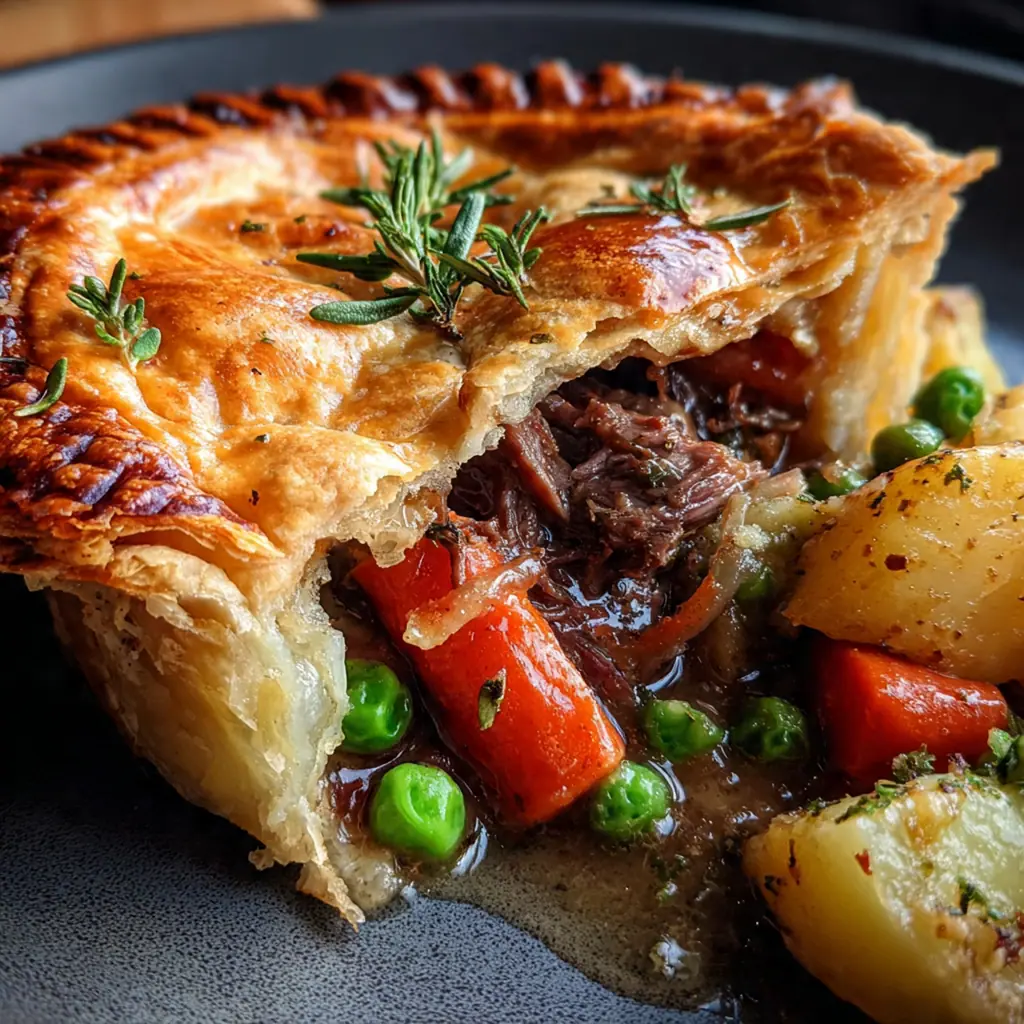 Close-up of a spoon breaking through the crust to reveal tender venison and rich gravy in a deep dish pot pie
