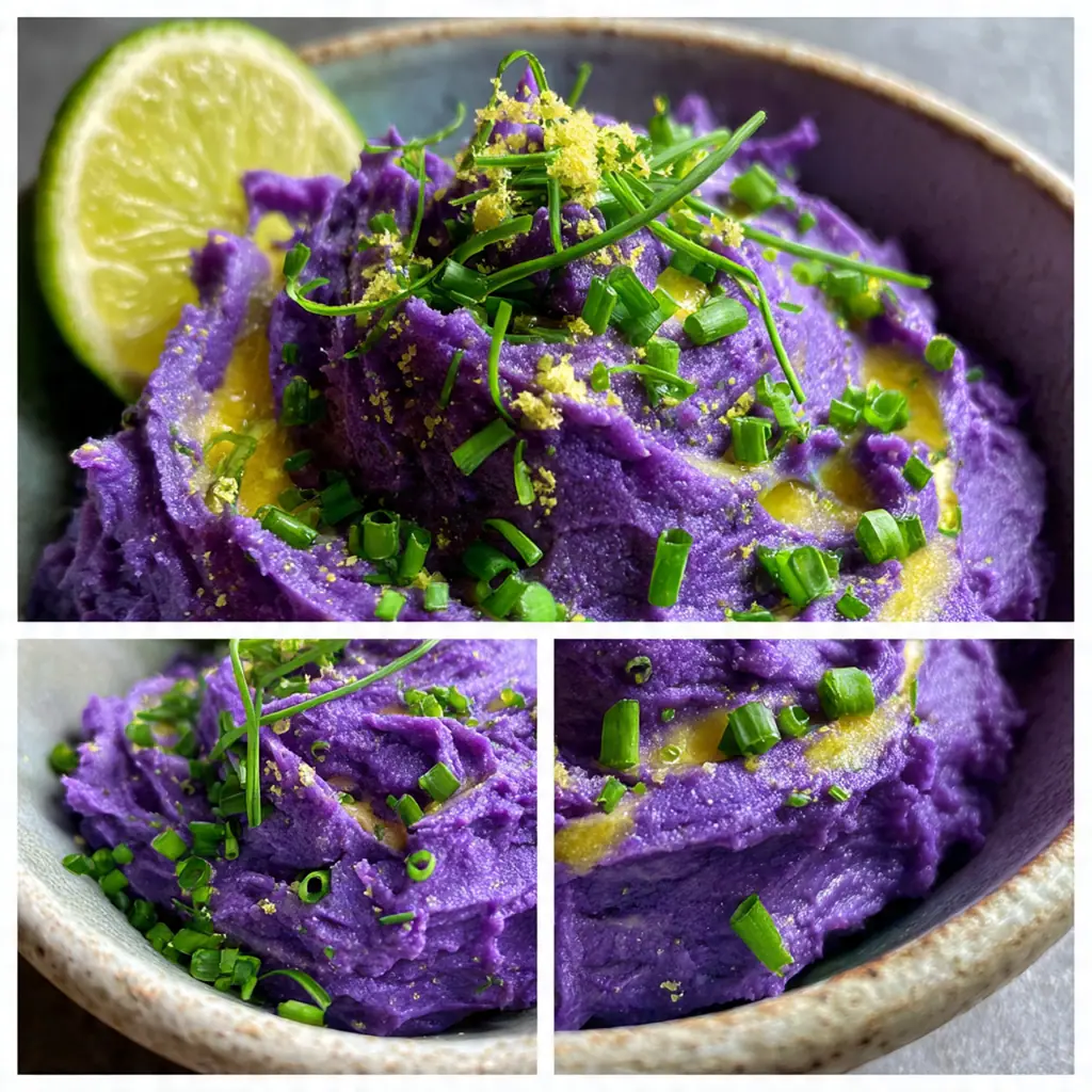 Close-up of a spoon pulling up a fluffy, perfectly smooth scoop of vividly purple mashed potatoes
